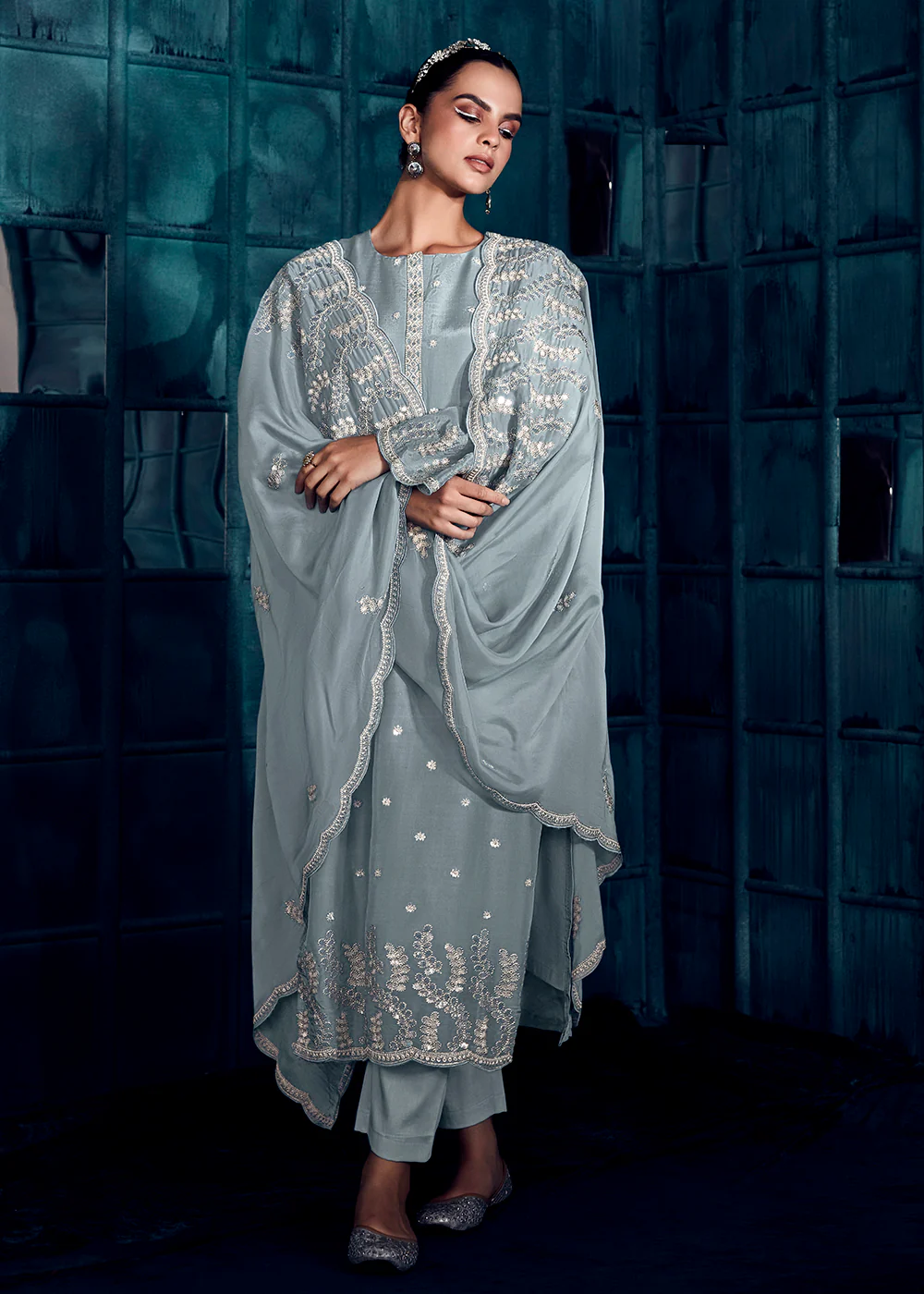 Charming Grey Modale Silk Embroidered Festive Salwar Suit - Image 3