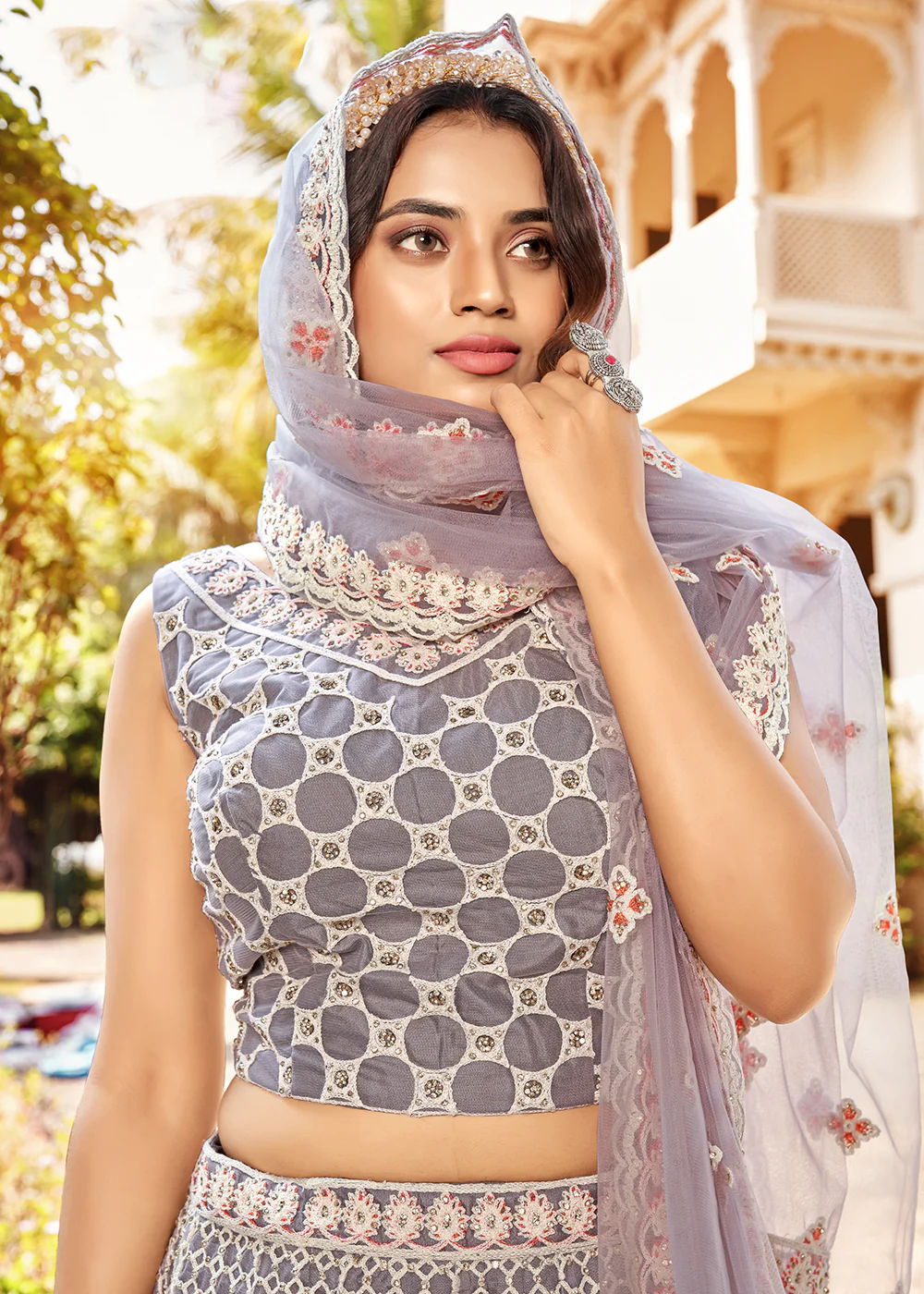 Charming Grey Premium Net Designer Wedding Lehenga Choli - Image 2