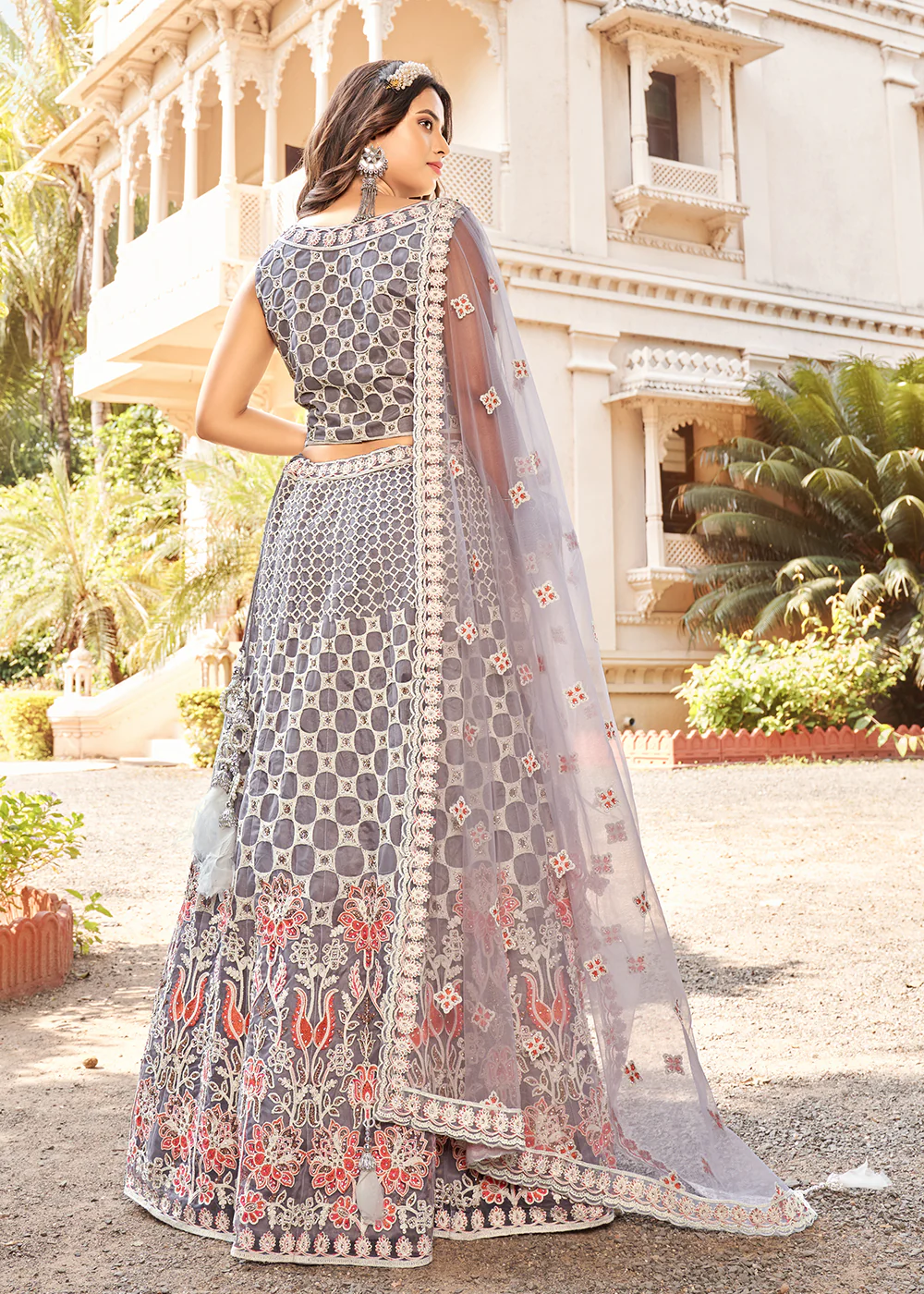 Charming Grey Premium Net Designer Wedding Lehenga Choli - Image 3