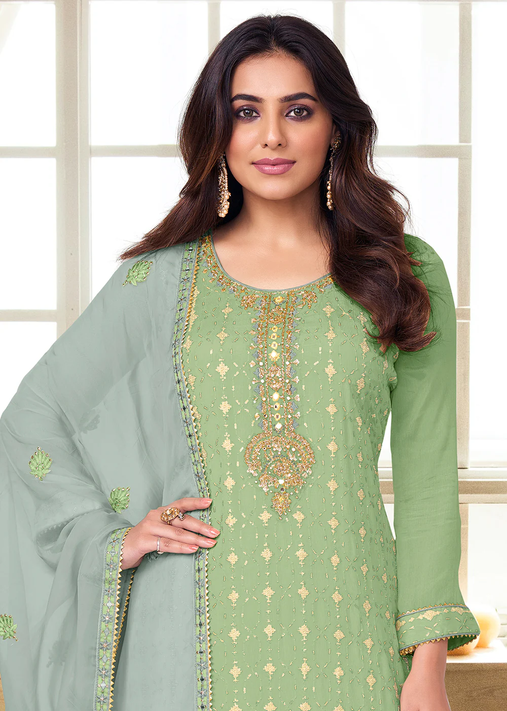 Charming Light Green Heavy Chinon Embroidered Palazzo Kurta Set - Image 2