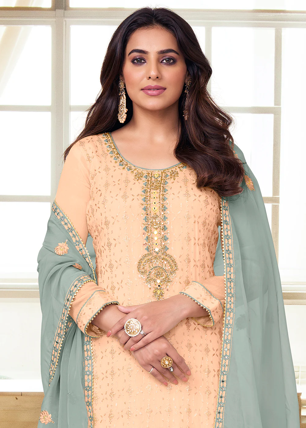 Charming Light Peach Heavy Chinon Embroidered Palazzo Kurta Set - Image 2
