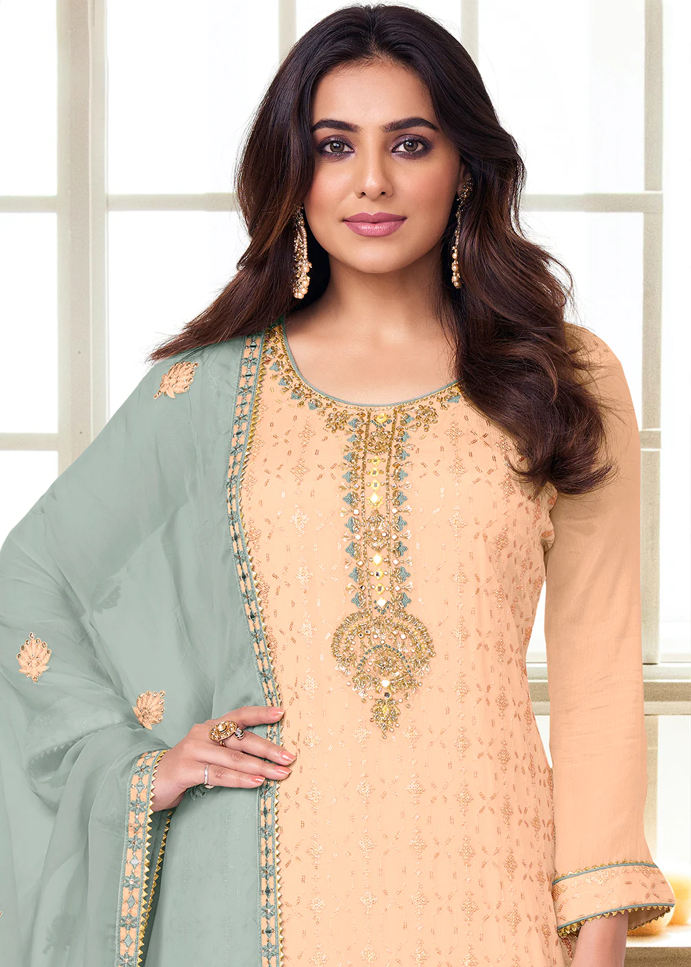 Charming Light Peach Heavy Chinon Embroidered Palazzo Kurta Set - Image 3