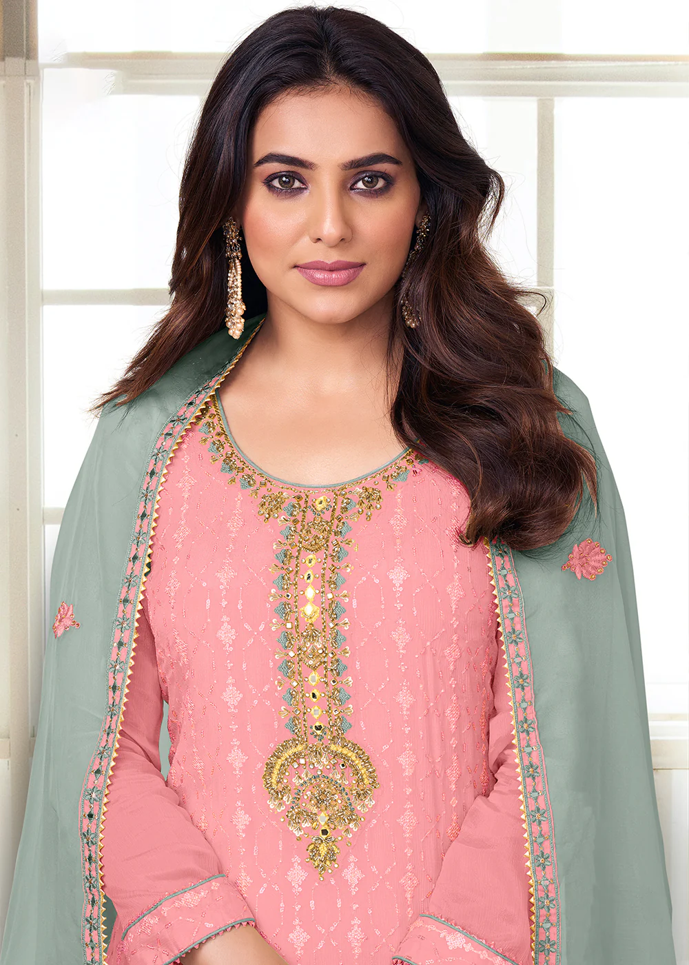 Charming Light Pink Heavy Chinon Embroidered Palazzo Kurta Set - Image 2