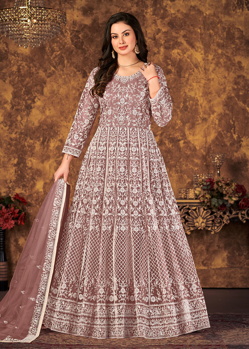 Charming Mauve Cording Embroidered Wedding Anarkali Dress - Image 4