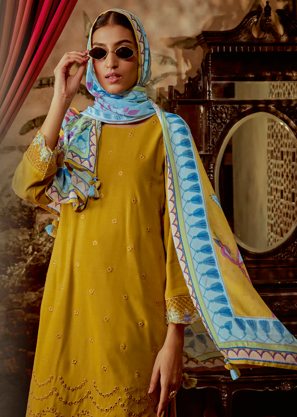 Charming Mustard Parsi Style Embroidered Festive Salwar Suit - Image 3
