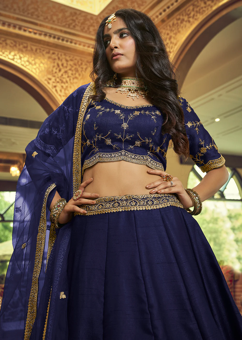 Charming Navy Blue Lino Silk Ruffle Party Wear Lehenga Choli - Image 2