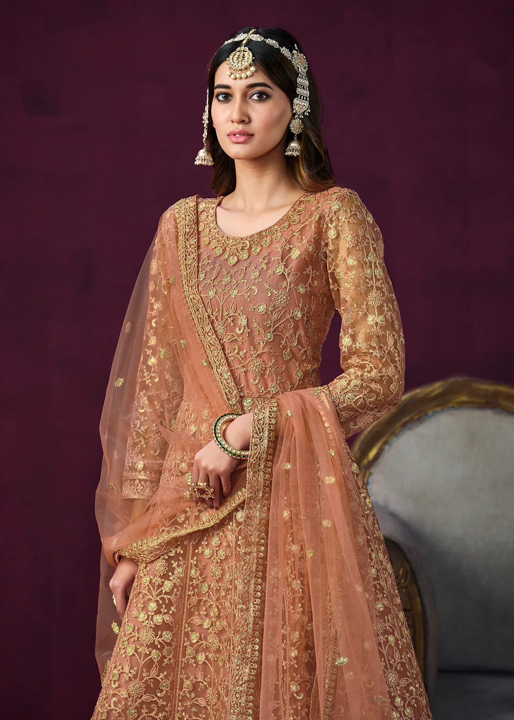 Charming Orange Embroidered Net Floor Length Anarkali Suit - Image 2