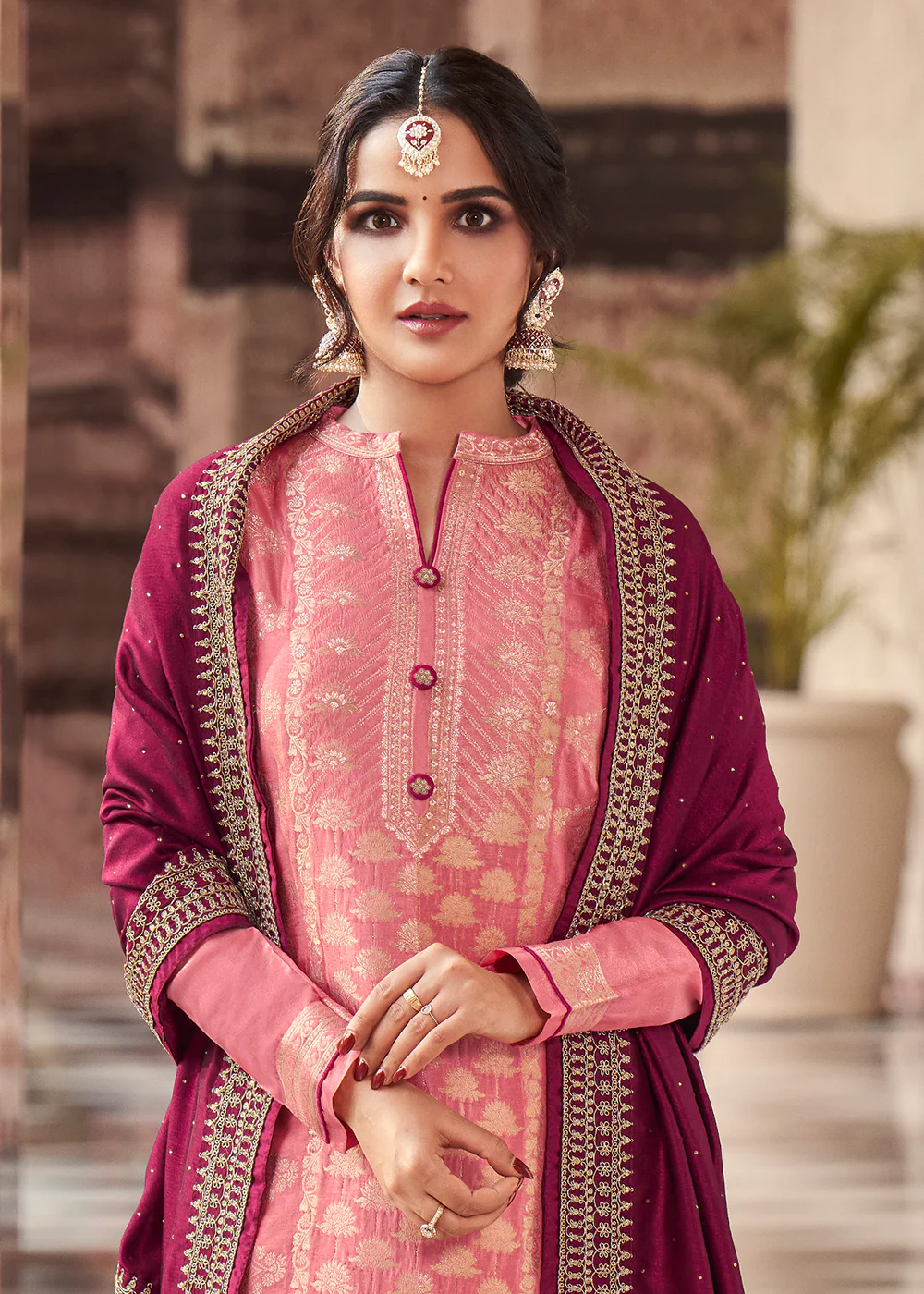 Charming Pink Dola Silk Jacquard Festival Salwar Kameez - Image 2