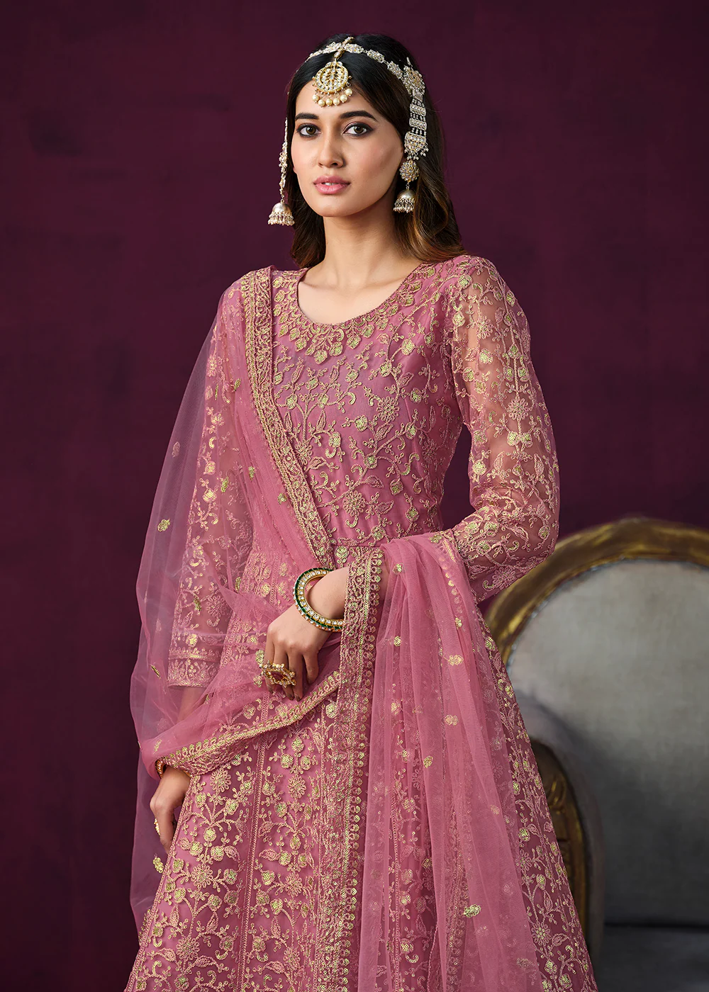 Charming Pink Embroidered Net Floor Length Anarkali Suit - Image 2