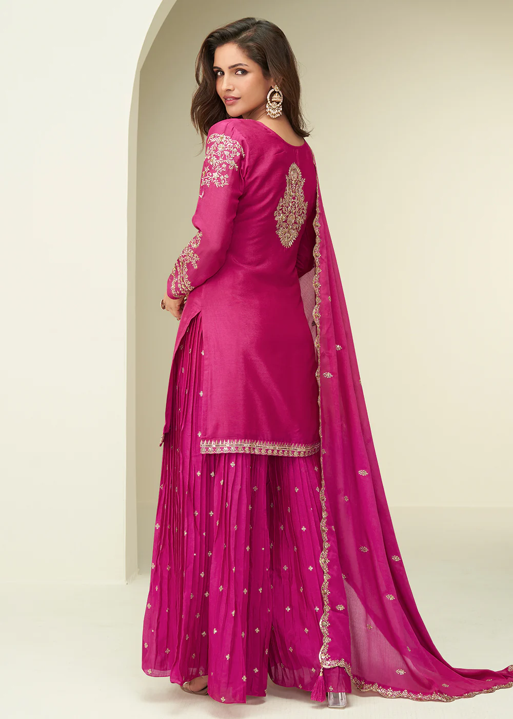 Charming Pink Sangeet Wear Palazzo Style Suit - Image 3