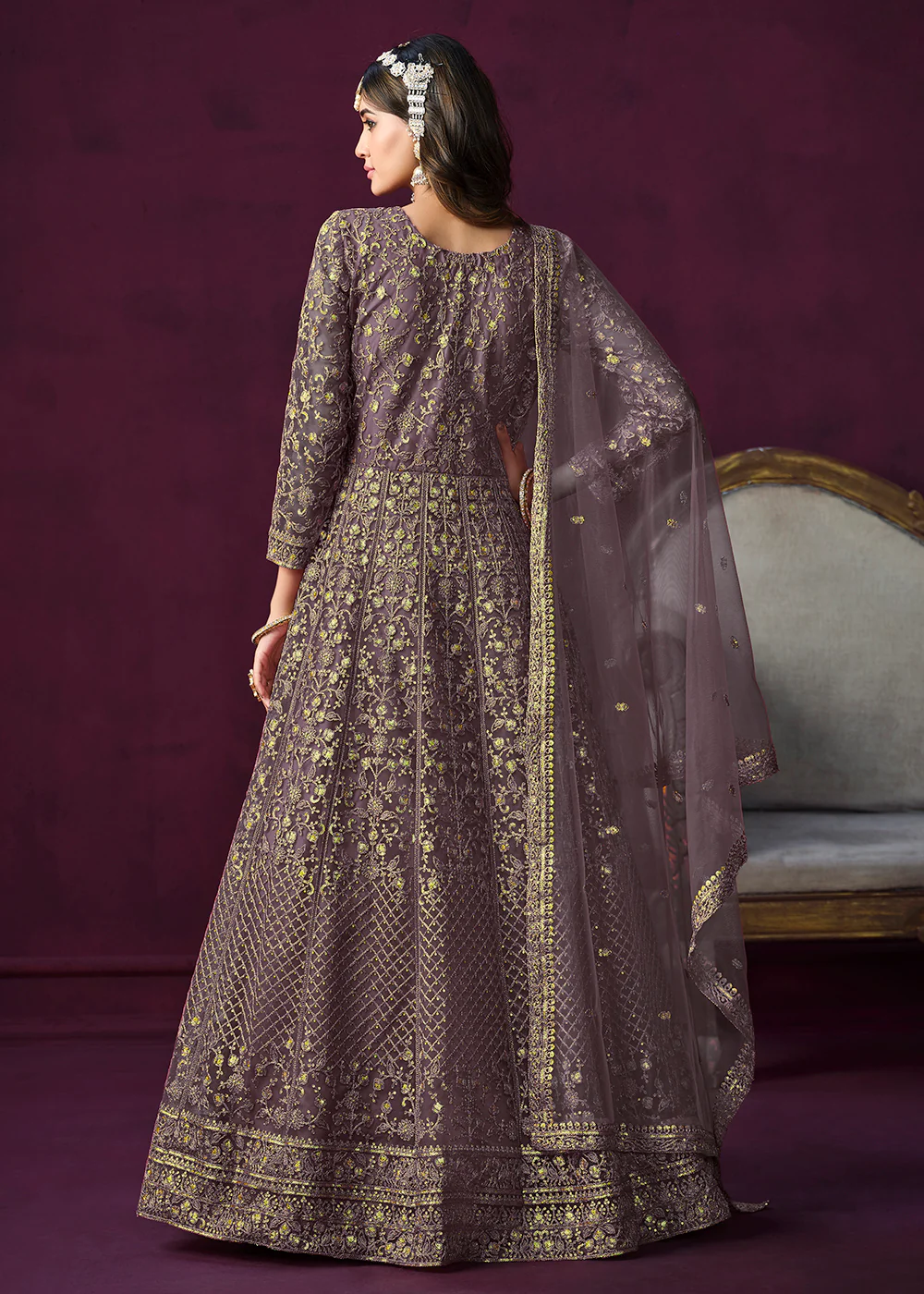 Charming Purple Embroidered Net Floor Length Anarkali Suit - Image 3