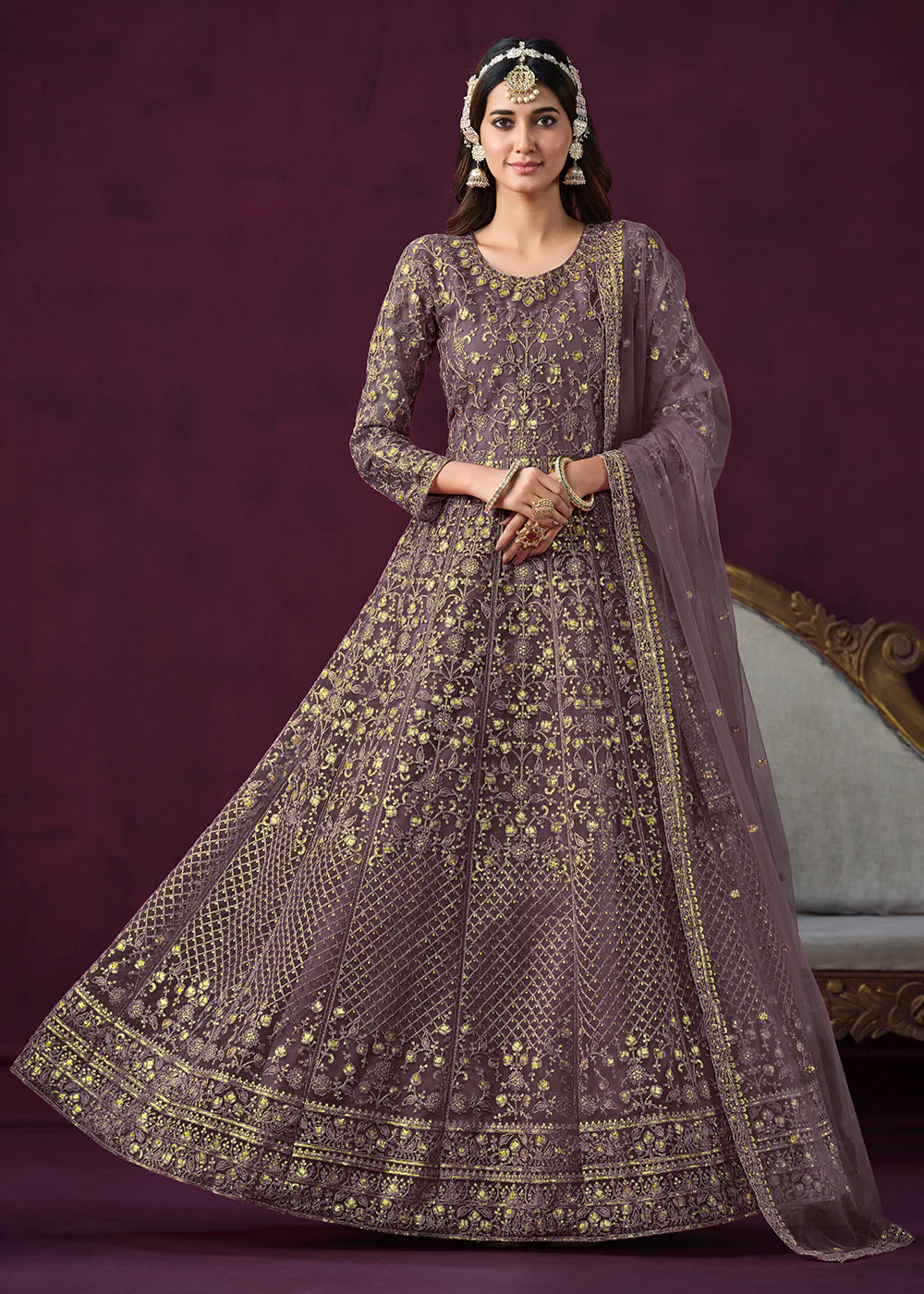 Charming Purple Embroidered Net Floor Length Anarkali Suit - Image 4