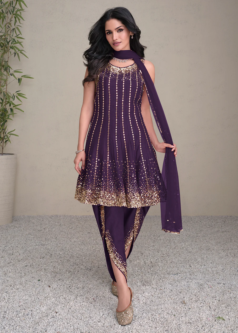 Charming Purple Silk Embroidered Festive Dhoti Style Suit