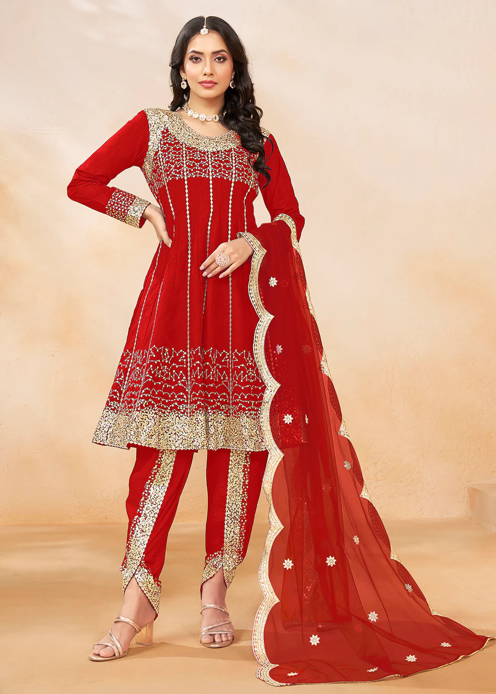 Charming Red Punjabi Dhoti Style Festive Party Suit - Image 3