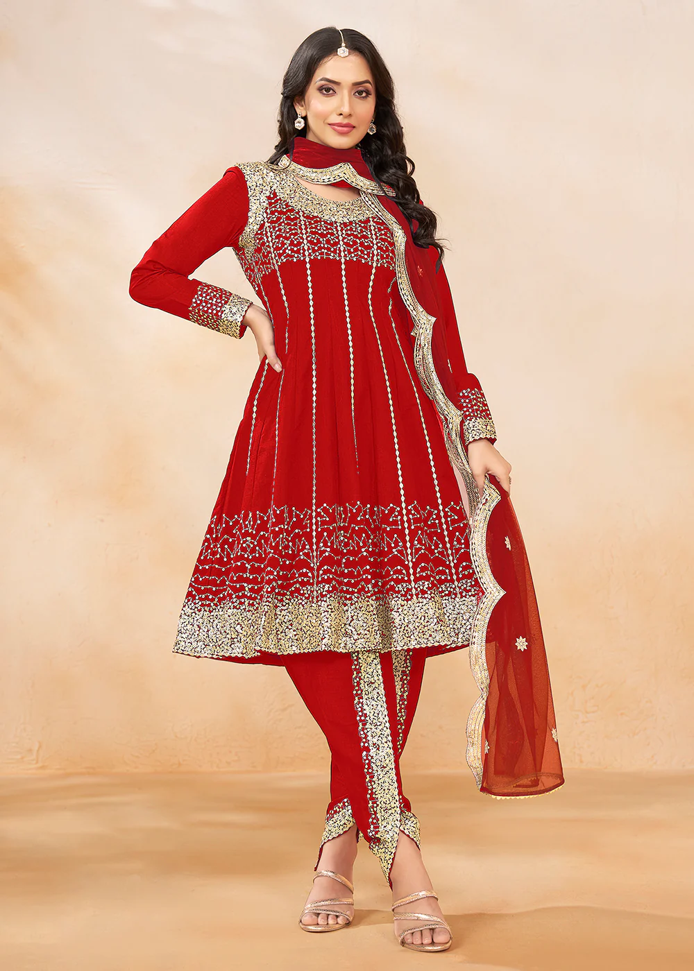 Charming Red Punjabi Dhoti Style Festive Party Suit - Image 4