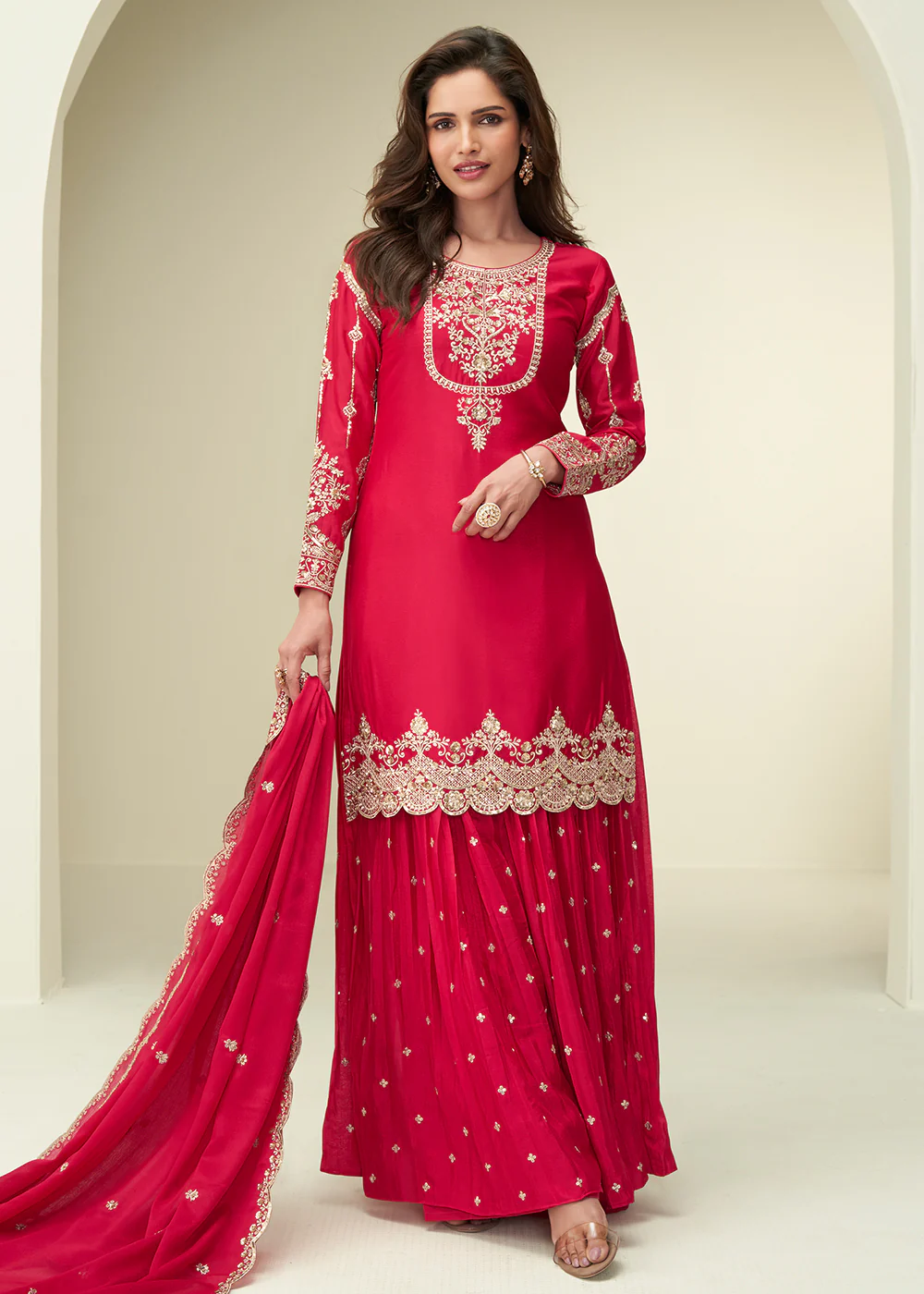 Charming Red Sangeet Wear Palazzo Style Suit