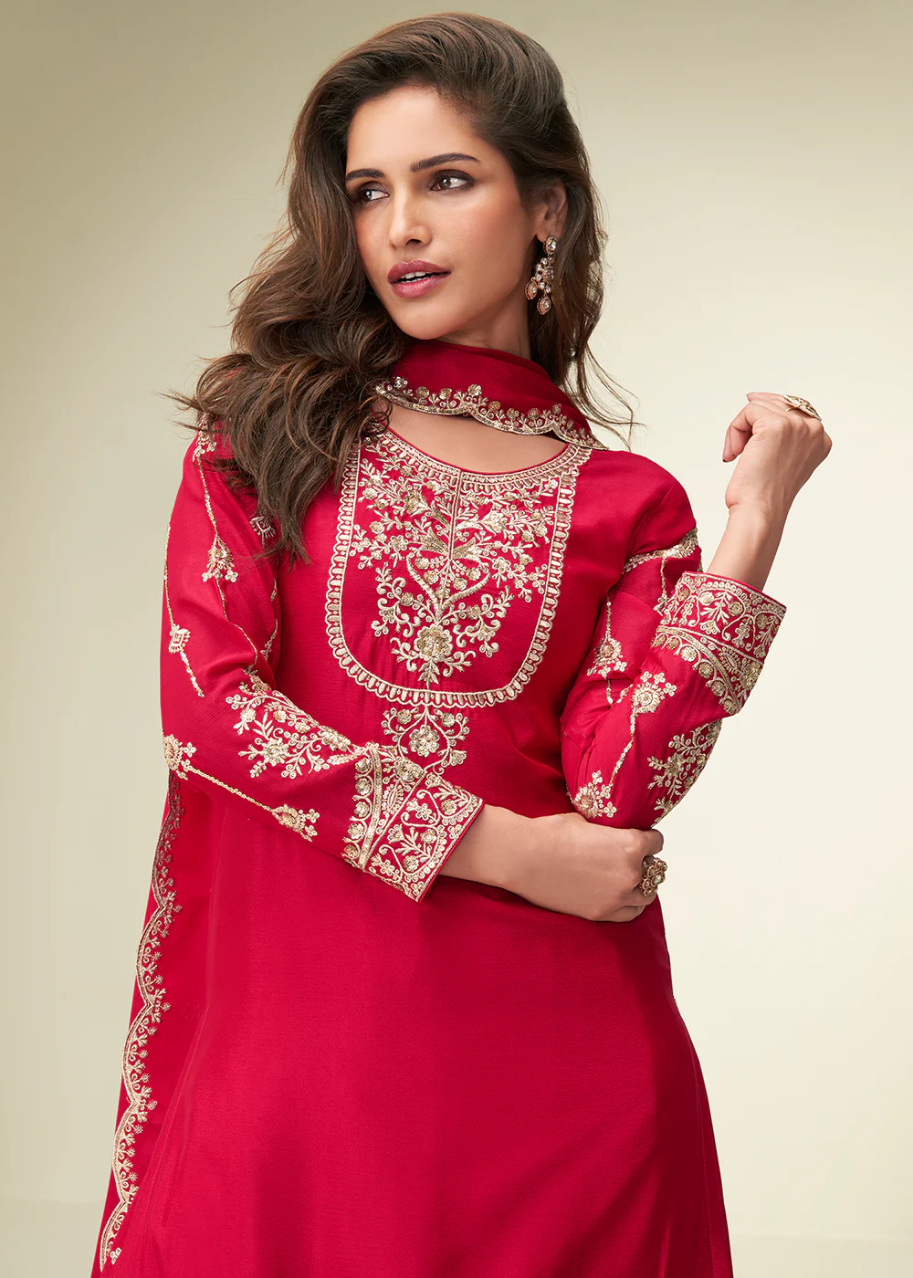Charming Red Sangeet Wear Palazzo Style Suit - Image 2