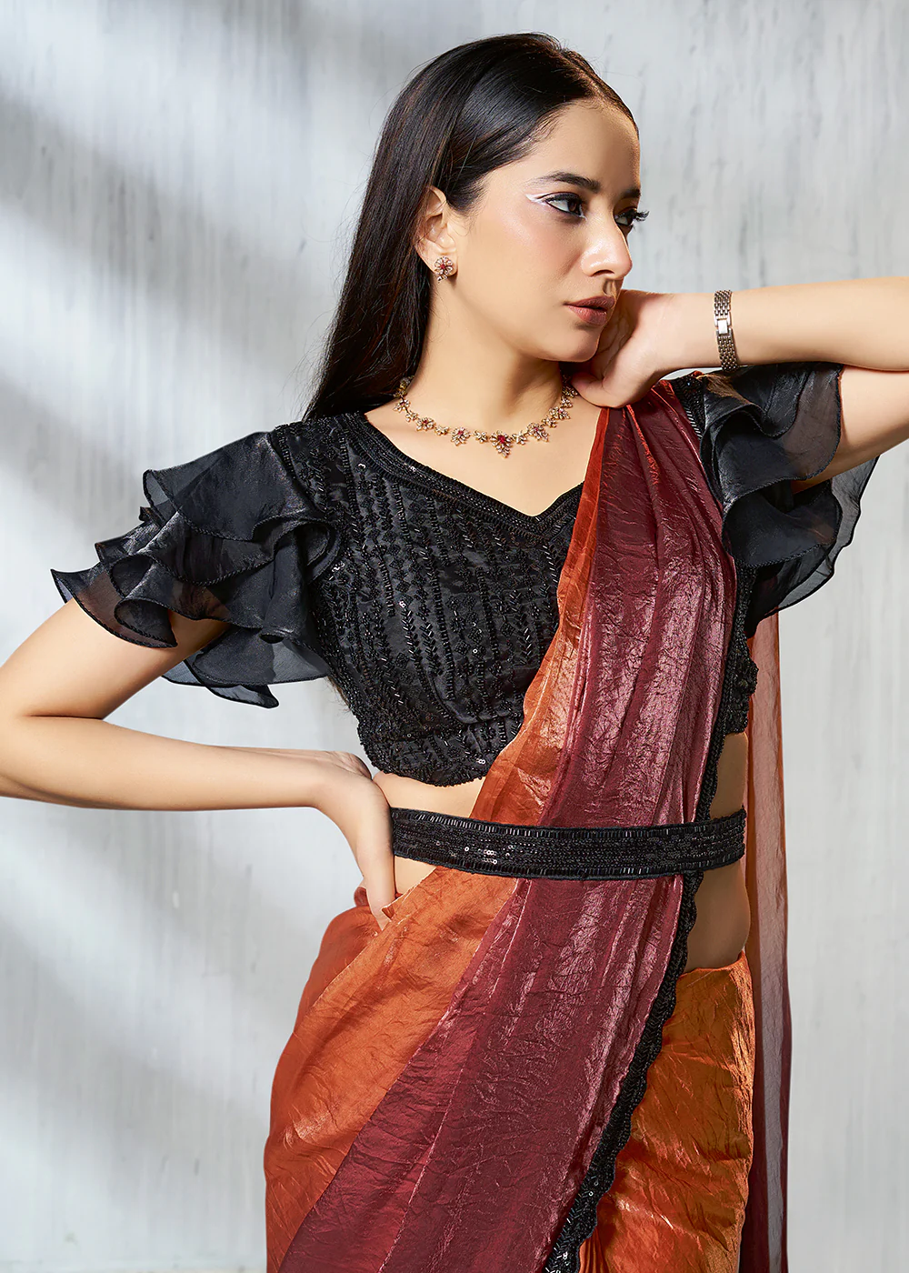 Charming Rust Designer Embroidered Party Wear Saree - Image 2