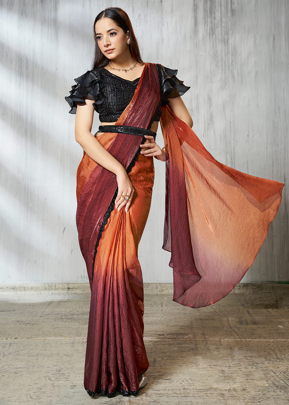 Charming Rust Designer Embroidered Party Wear Saree - Image 3