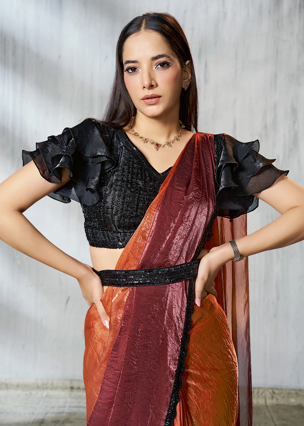 Charming Rust Designer Embroidered Party Wear Saree - Image 4