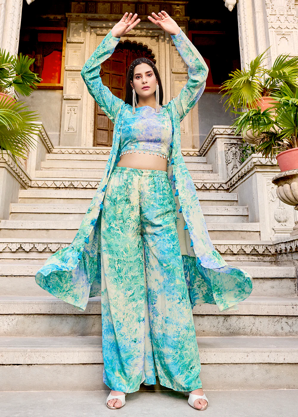 Charming Sky Blue Printed Koti Style Co-Ords Indo-Western Suit - Image 4