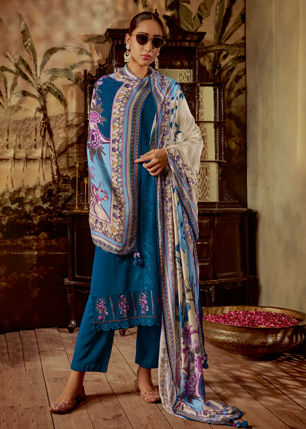 Charming Teal Blue Parsi Style Embroidered Festive Salwar Suit - Image 4