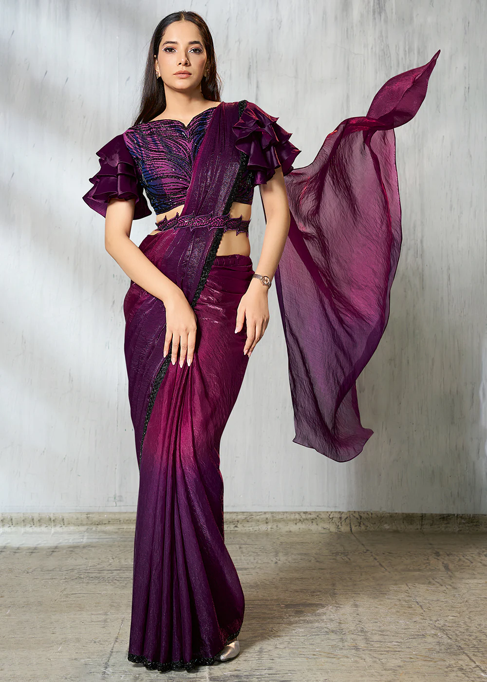 Charming Wine Designer Embroidered Party Wear Saree