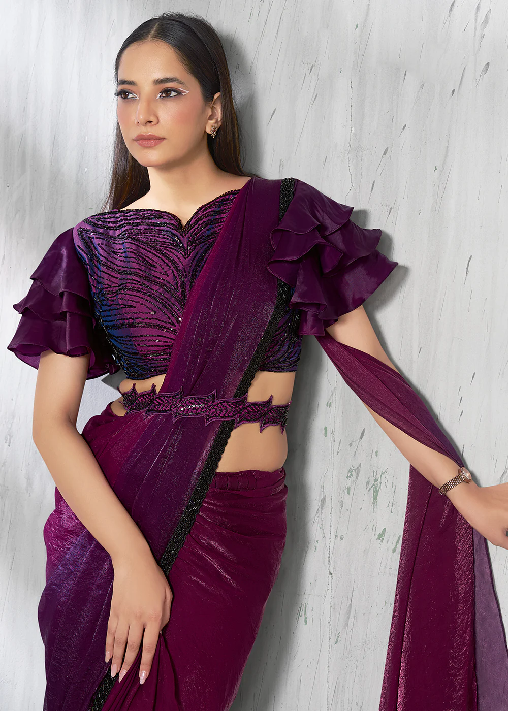Charming Wine Designer Embroidered Party Wear Saree - Image 2