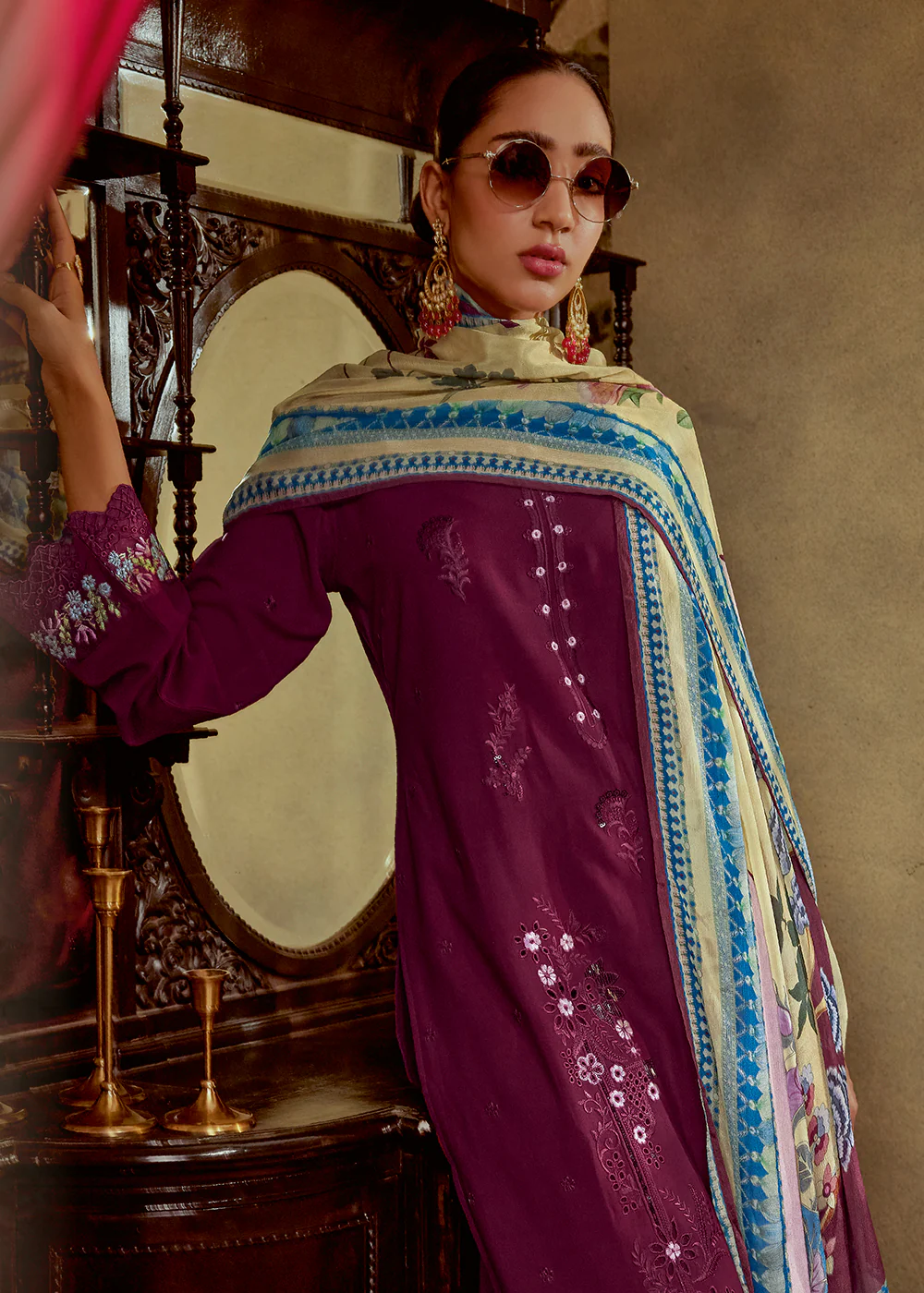 Charming Wine Parsi Style Embroidered Festive Salwar Suit - Image 4