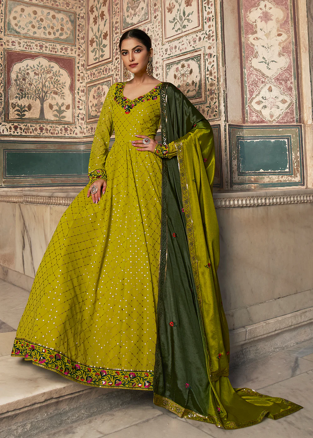 Cherishing Lime Green Sequins Georgette Party Wear Festive Gown - Image 3