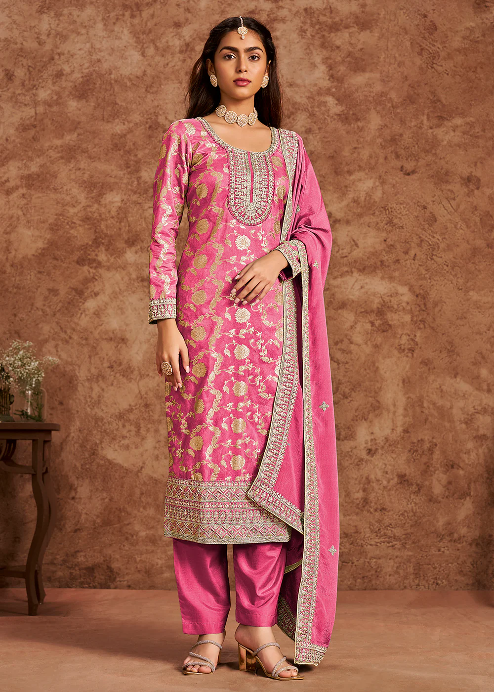 Cherry Pink Dola Silk Jacquard Festive Salwar Kameez