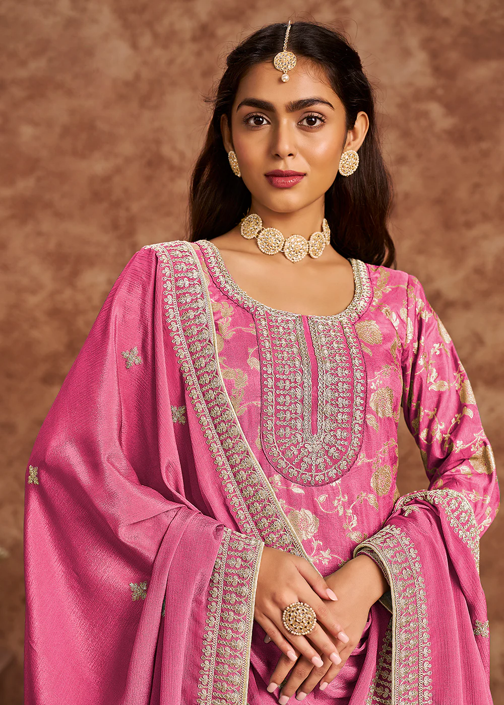 Cherry Pink Dola Silk Jacquard Festive Salwar Kameez - Image 2