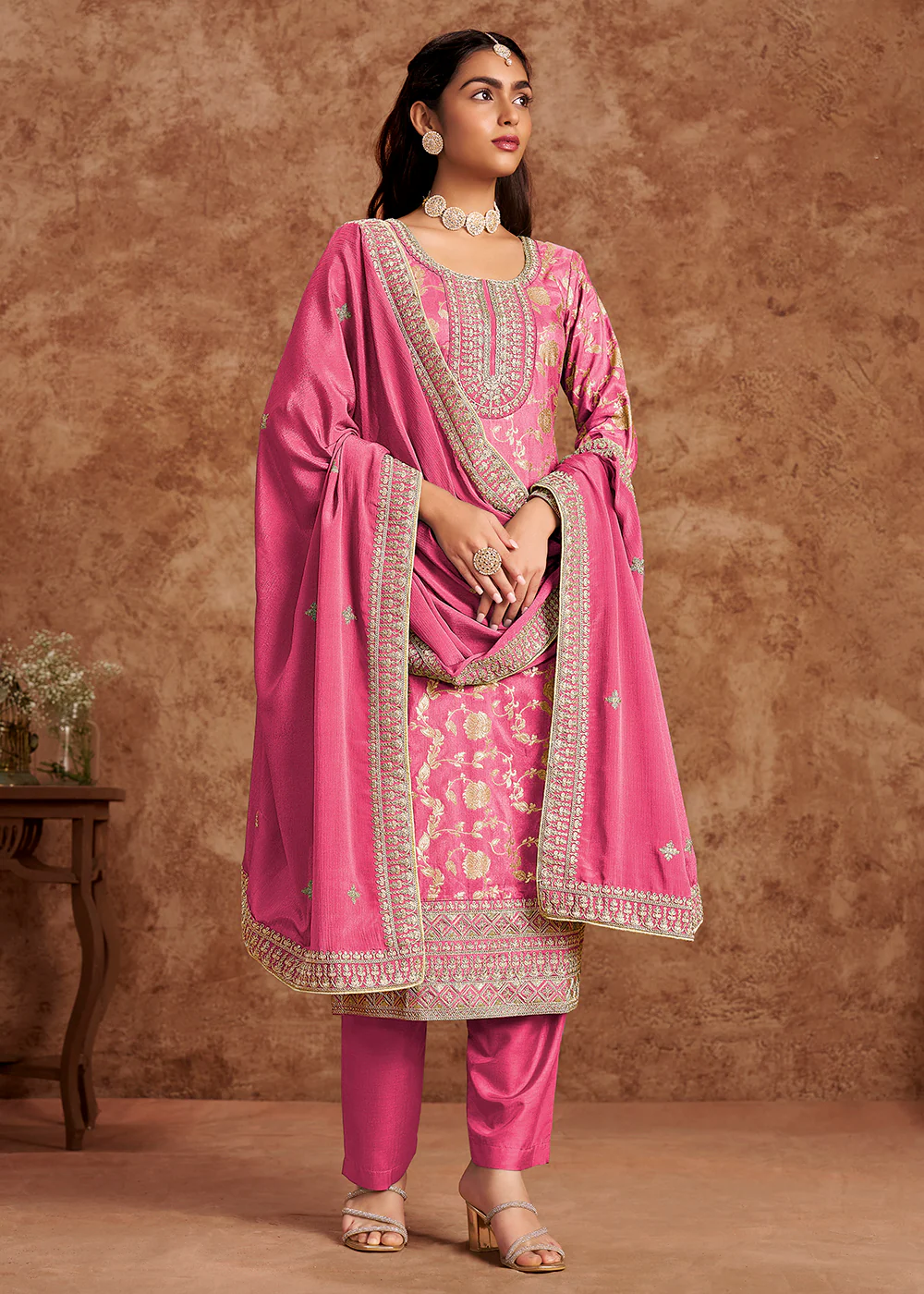 Cherry Pink Dola Silk Jacquard Festive Salwar Kameez - Image 3