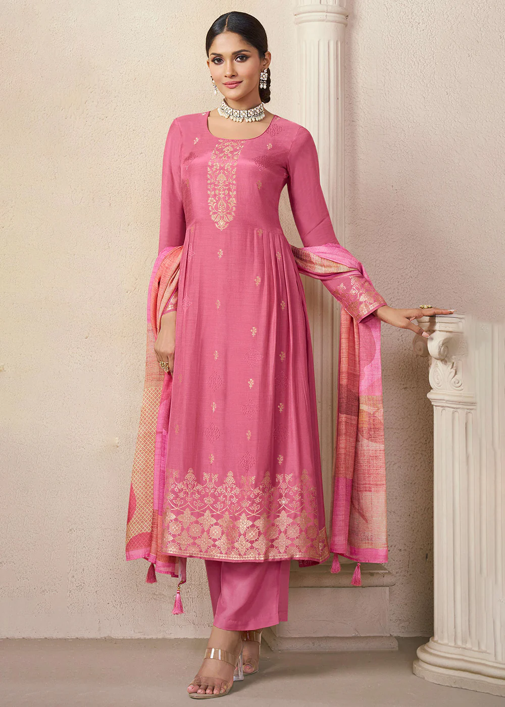 Cherry Pink Muslin Weaving Pant Style Salwar Suit