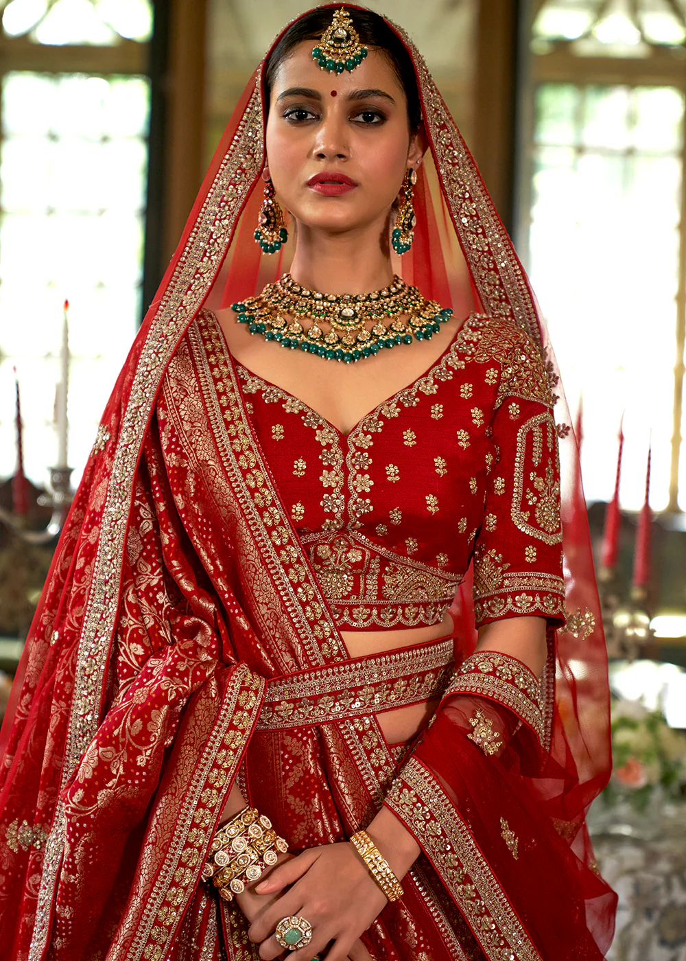 Cherry Red Bridal Silk Sabyasachi Inspired Lehenga Choli - Image 2