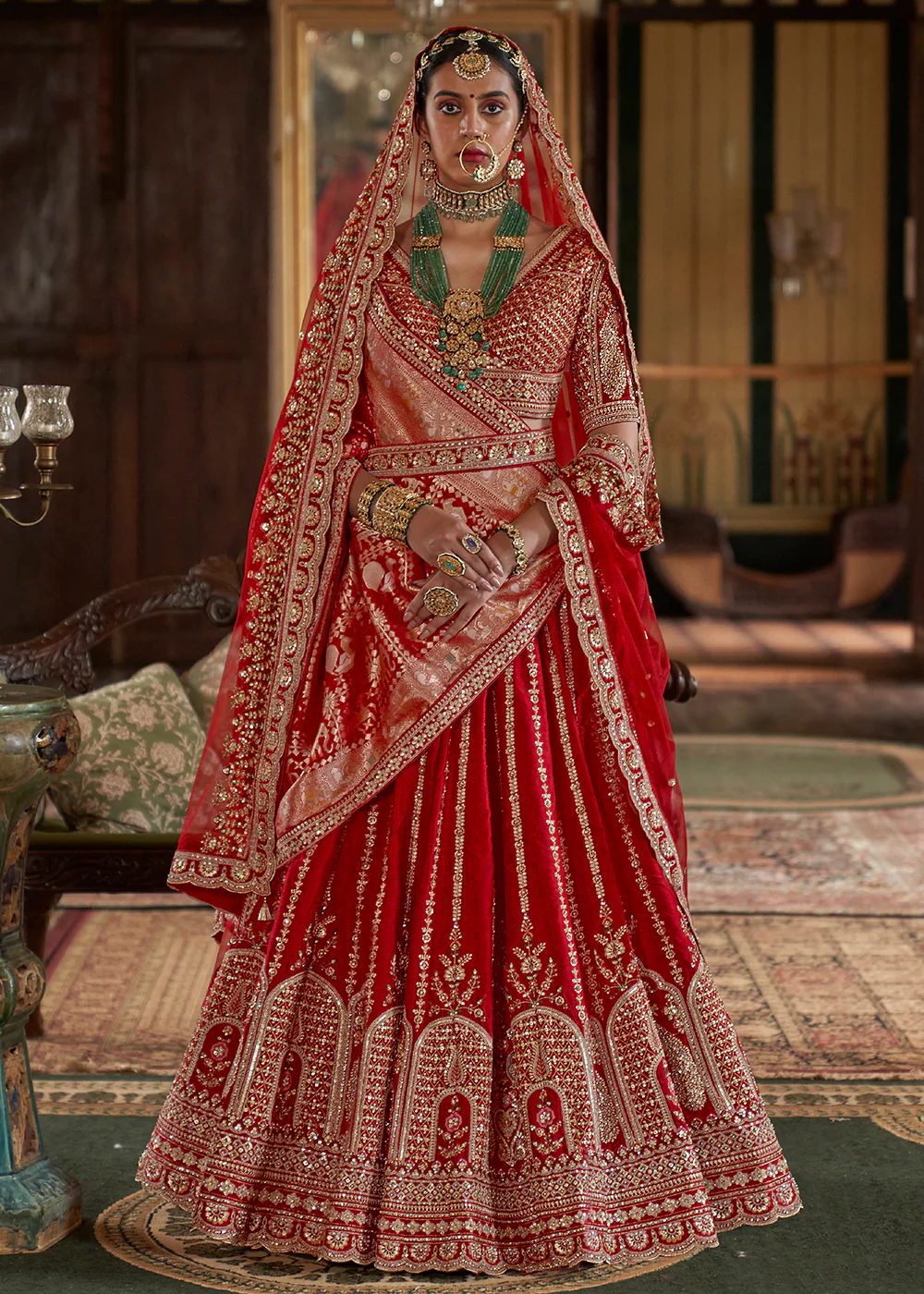 Cherry Red Sabyasachi Inspired Bridal Silk Lehenga Choli