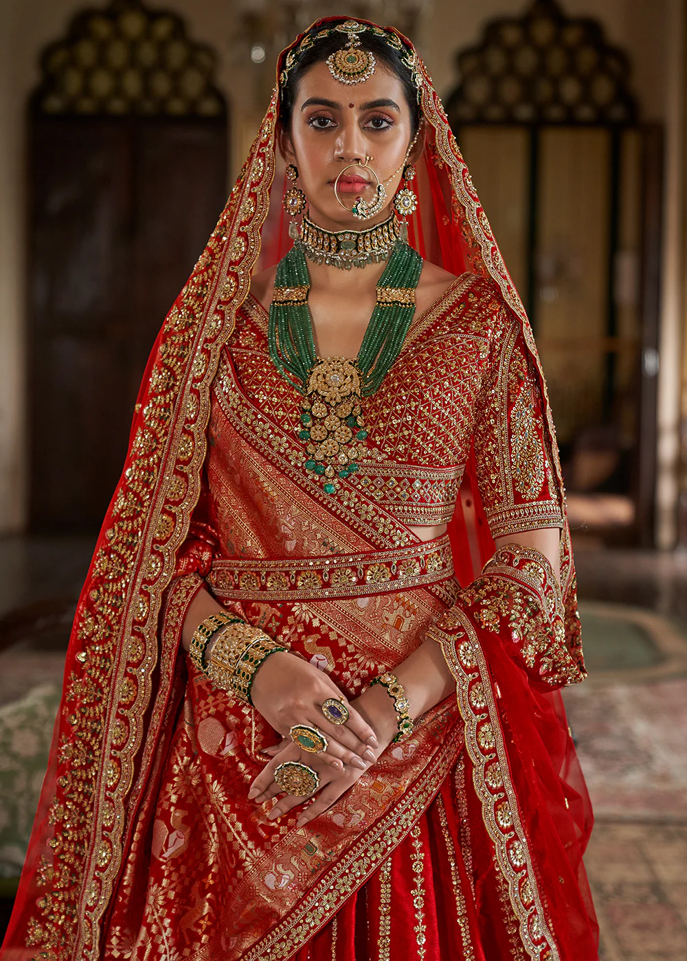 Cherry Red Sabyasachi Inspired Bridal Silk Lehenga Choli - Image 2