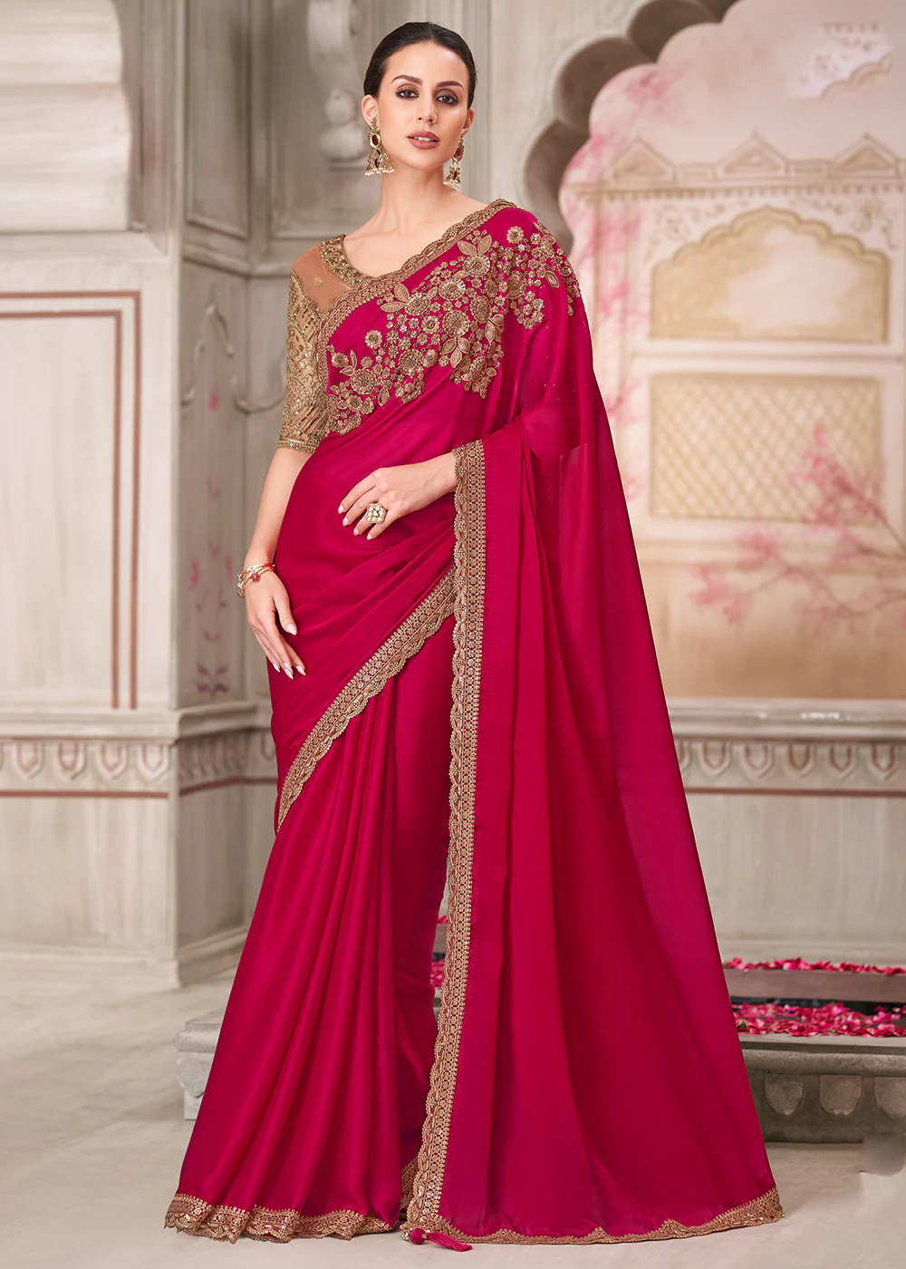 Cherry Red Satin Silk Embroidered Wedding Wear Saree