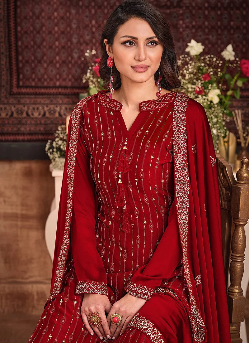 Cherry Red Sequins Embroidered Sharara Suit - Image 2