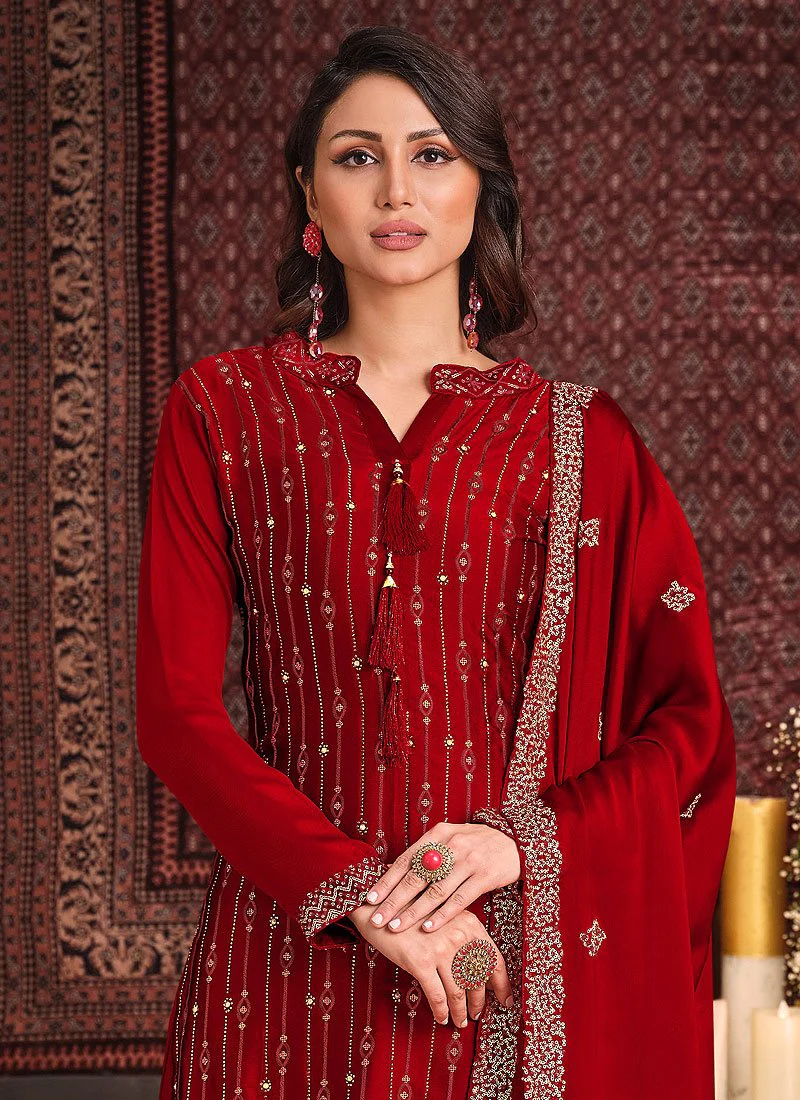 Cherry Red Sequins Embroidered Sharara Suit - Image 3