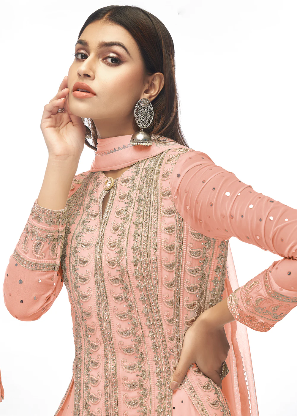 Chewing Gum Peach Paneled Georgette Skirt Anarkali Suit - Image 2