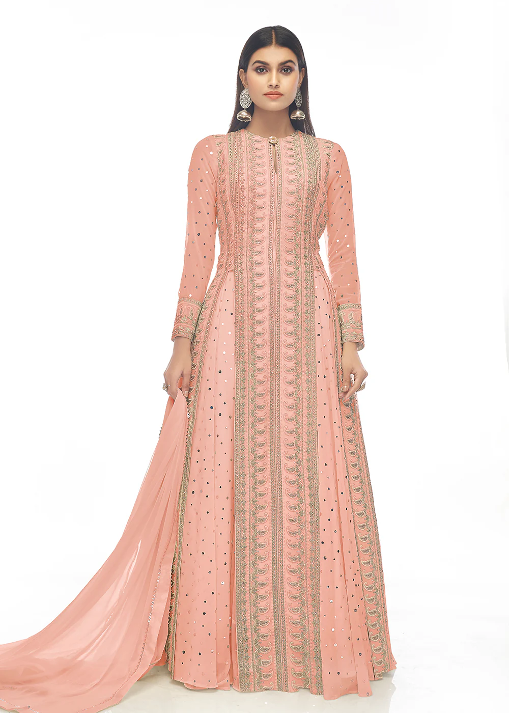 Chewing Gum Peach Paneled Georgette Skirt Anarkali Suit - Image 3