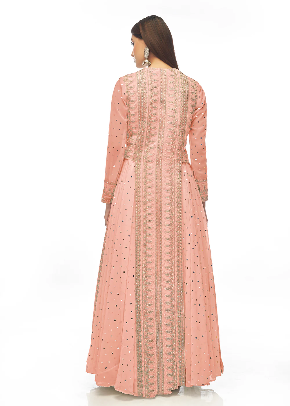 Chewing Gum Peach Paneled Georgette Skirt Anarkali Suit - Image 4