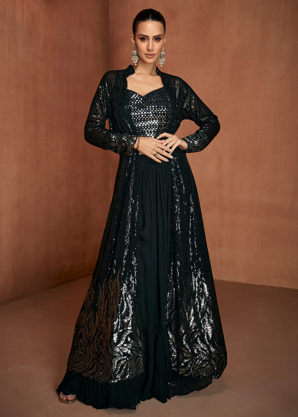 Chic Black Crop Top with Jacket Style Indo Western Dress