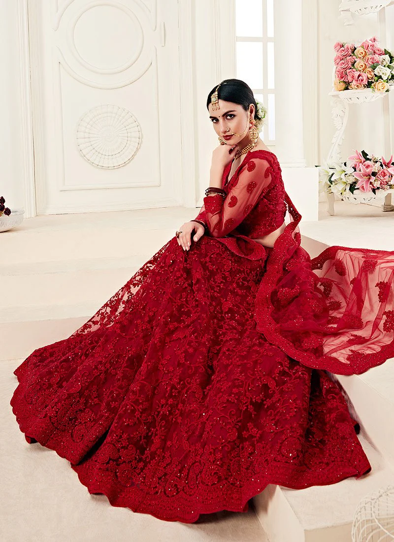 Chic Hot Red A Line Trendy Wedding Lehenga Choli - Image 3