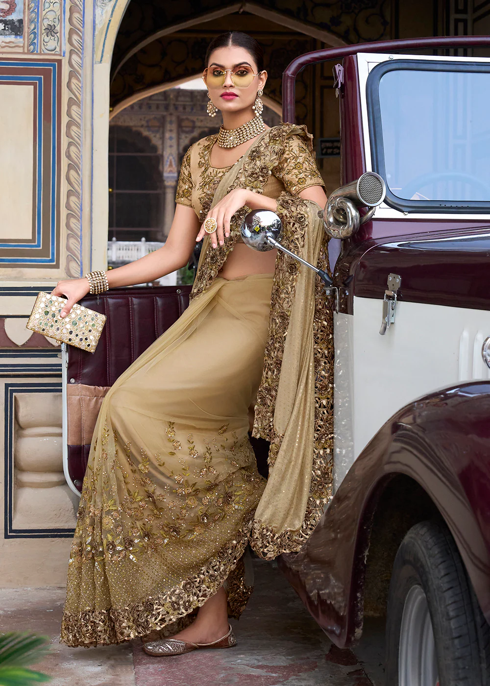Chickoo Beige Applique Net Designer Bridal Party Wear Saree - Image 3