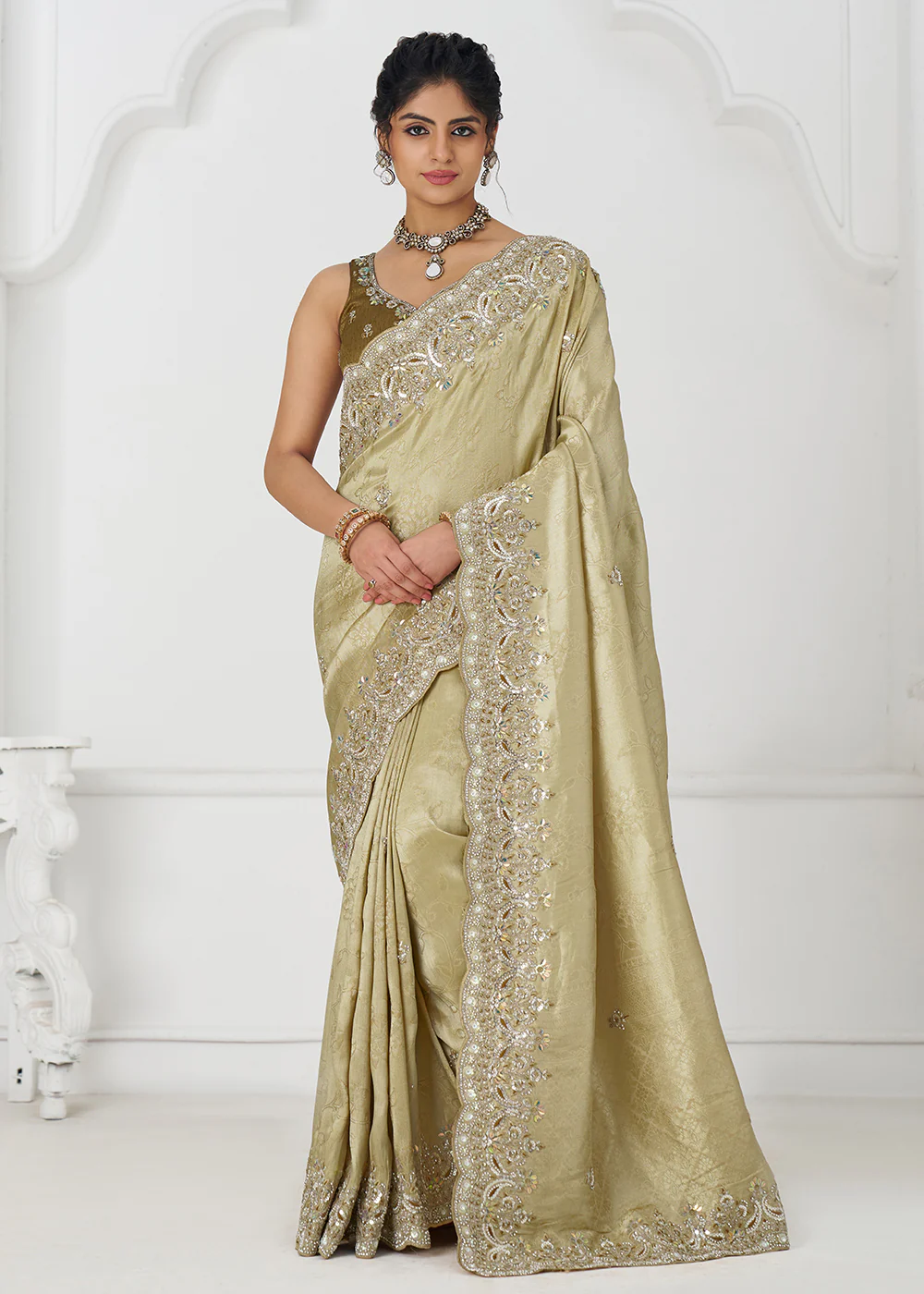 Chickoo Beige Pure Dola Viscose Silk Wedding Wear Saree