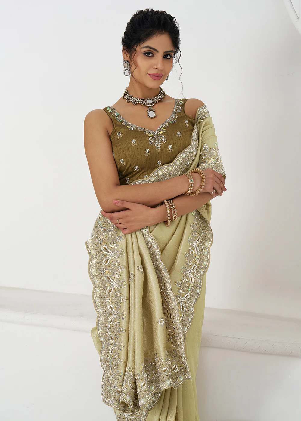 Chickoo Beige Pure Dola Viscose Silk Wedding Wear Saree - Image 2