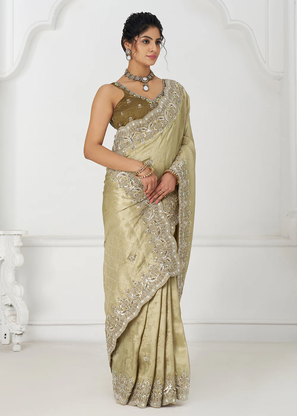 Chickoo Beige Pure Dola Viscose Silk Wedding Wear Saree - Image 4