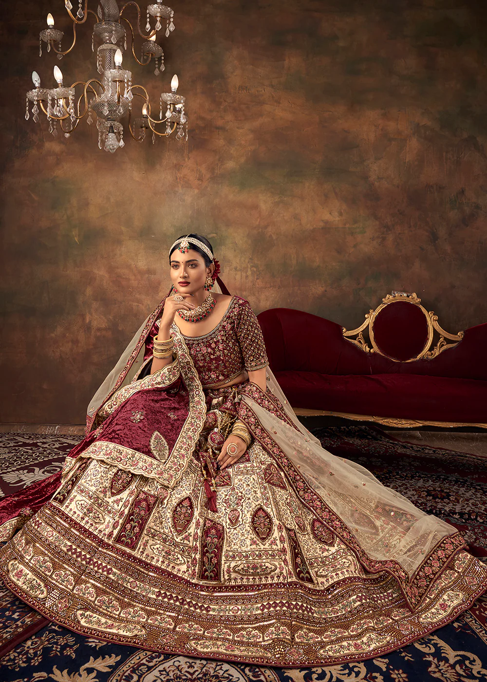 Chickoo Beige Velvet Hand Embroidered Bridal Lehenga Choli - Image 2
